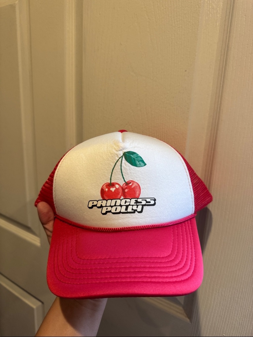 Princess Polly White & Red Cherry Logo Trucker Cap